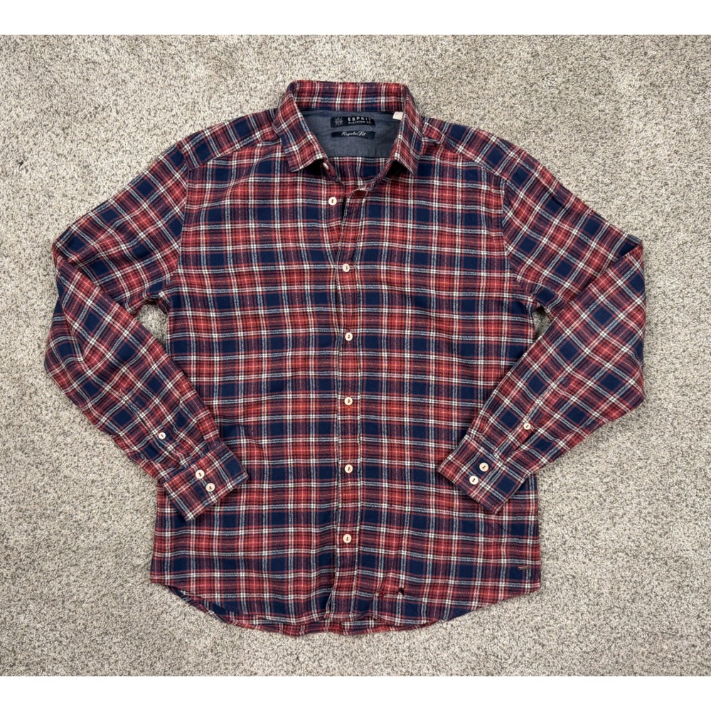 Esprit Shirt Plaid Flannel Medium Red Navy Regular Fit Long Sleeve Button Up